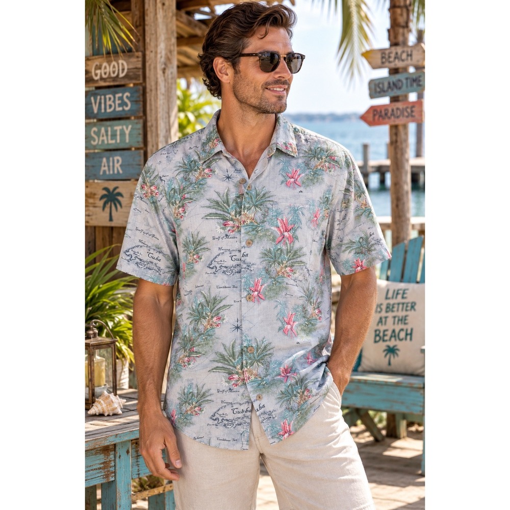 Tommy Bahama Coastal Tropical Map Floral Hawaiian Button Down Shirt 100% Sllk